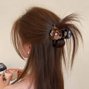 Grande molletta per capelli fiore marrone per capelli spessi fermaglio squalo perla