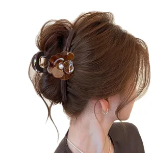 Elegante molletta capelli fiore perla marrone cioccolato per capelli spessi, vista principale