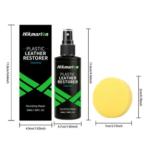 Hikmarion plastic leather restorer car interior cleaner detail view with dimensions and sponge.