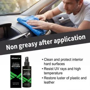 Detail view showing car interior dashboard cleaning and leather restorer spray bottle features.