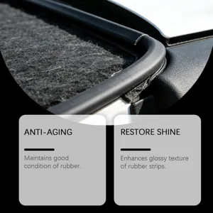 Car rubber seal protectant detail view showing anti-aging and restore shine effect on strips.