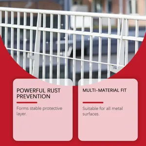 Metal anti-rust paint for iron gates and steel railings, waterproof surface protection.
