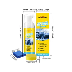 HOMONTH Car Interior Cleaner Set Details showing bottle size, sponge and microfiber cloth dimensions.
