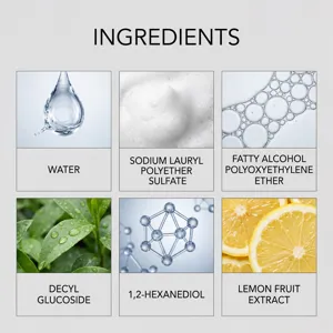 Detailed ingredient infographic showcasing active water, foam, surfactants, and natural extracts.