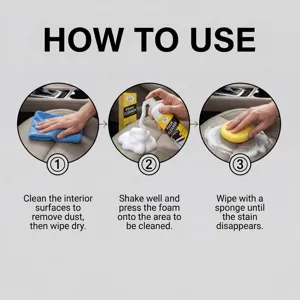 Car interior foam cleaner detail showing step by step application on leather seats.
