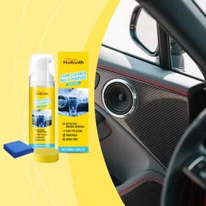 Detailed view of Homonth multi-purpose car interior foam cleaner set with sponge and cloth.