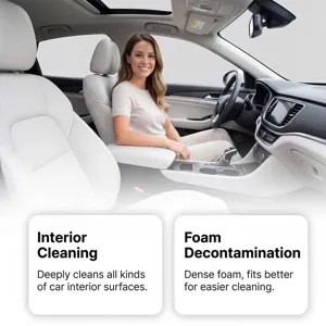 Car interior foam cleaner for leather seats, deep cleaning and decontamination care.
