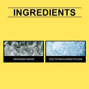 Detailed view of product ingredients showcasing deionized water and polytetrafluoroethylene.