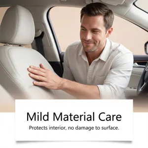 Close-up detail shot of car interior leather seat cleaning and maintenance care application scene.