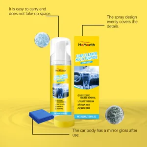 Homoth multi-purpose foam cleaner spray for car interior cleaning with cloth and sponge.