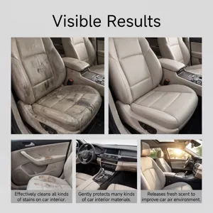 Detailed view of car interior cleaner showing powerful cleaning and leather protection results.