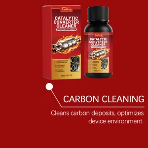Detail view of RAYHONG catalytic converter cleaner bottle and box for carbon deposit removal.