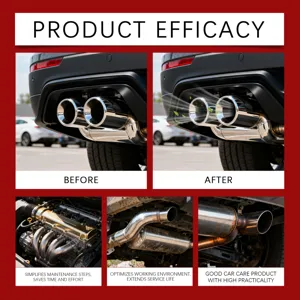 Catalytic converter exhaust pipe cleaner detail view and before after cleaning efficacy display.