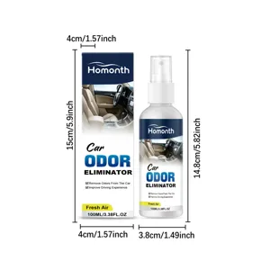 Car odor eliminator spray 100ml air freshener detail view showing dimensions and packaging box.