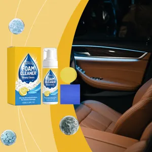 Rayhong car interior foam cleaner detail shot featuring bottle, box, sponge, and microfiber cloth.