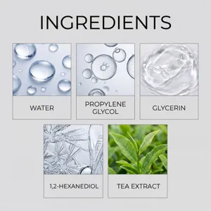 Detailed product ingredient graphic showing water, propylene glycol, glycerin, and tea extract.