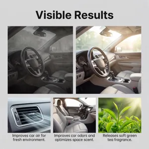 Car interior air freshness comparison and natural green tea fragrance extract detail view.