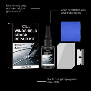 Kit riparazione parabrezza Rayhong con liquido 30ml, pellicole polimerizzanti e lama per vetri.