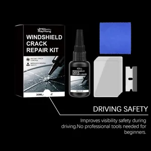 Kit di riparazione parabrezza RAYHONG con liquido da 30ml, pellicole e panno pulito.
