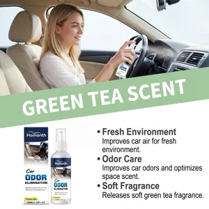 Detailed view of the Hommonth car odor eliminator spray bottle in a fresh green tea scent.