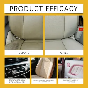 Car interior leather foam cleaner detailing kit before and after effect display for care.