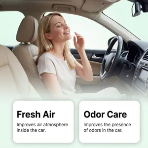 Car air freshener detail showing clean interior atmosphere and pleasant green tea scent experience.