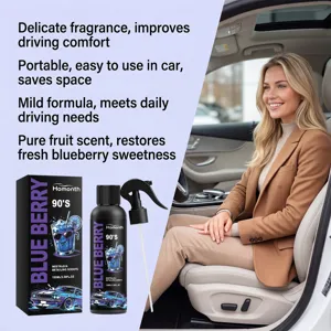 Vista dettagliata del flacone spray deodorante per auto con profumo di mirtillo fresco.