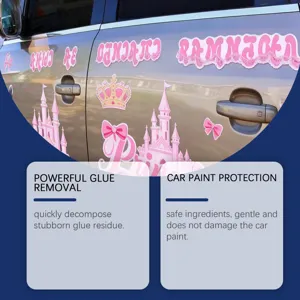 Adhesive remover spray for effective and safe removal of stubborn glue residue on car paint surfaces.