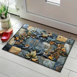 3D embossed diatomaceous earth door mat with vintage floral and welcome text design.