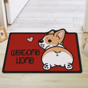 Corgi butt doormat detail view, cute cartoon pet entrance mat placed on wooden floor.