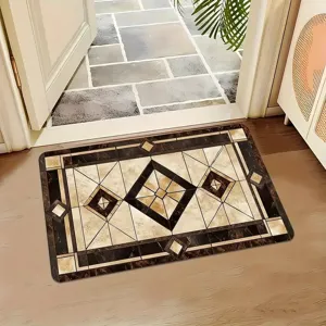 Detailed shot of the geometric anti-slip diatomaceous earth floor mat at the home entryway.