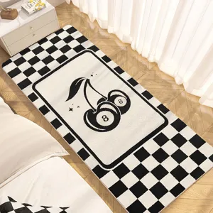 Black and white checkered bedside rug with cute 8-ball cherry pattern, soft fluffy area mat.