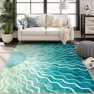 Modern geometric wave area rug for living room bedroom floor decor, teal and green.