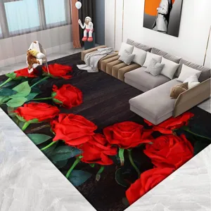 Vista detallada de la impresionante alfombra de sala 3D rosa roja con vibrantes patrones.