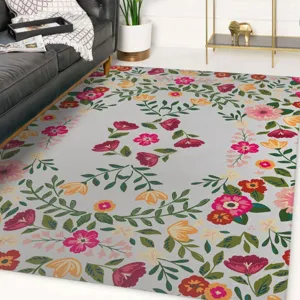 Nordischer Blumen Teppich Detailansicht mit bunten Blüten für das moderne Wohnzimmer.