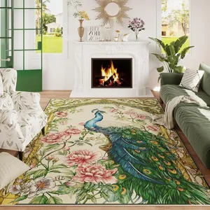 Tappeto da soggiorno decorativo pavone vintage con motivo floreale per dettagli d'arredo.