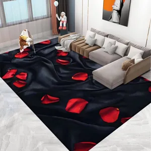 Alfombra de sala 3D con pétalos de rosa negros, alfombrilla antideslizante grande para sofá.