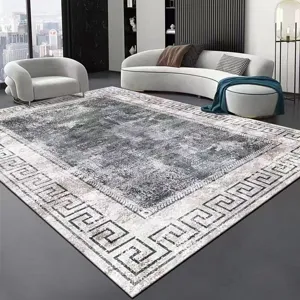 Modern minimalist grey living room carpet detail scene, elegant geometric border rug.