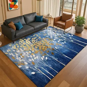 Modern living room carpet with elegant blue and gold floral design, soft crystal velvet rug for home.