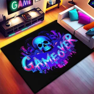 Gaming Teppich für Schlafzimmer oder Wohnzimmer, mit Neon Totenkopf und Gameover Design.