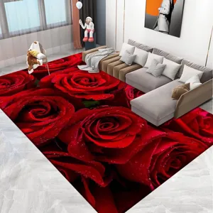 Impresionante alfombra 3D de rosas rojas para sala, suave felpudo antideslizante para decoración.