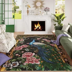 Grande tappeto da salotto vintage pavone con motivo floreale tappetino antiscivolo casa