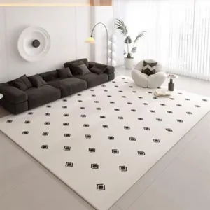 Large white living room carpet detail, showing chic black geometric patterns for modern home.