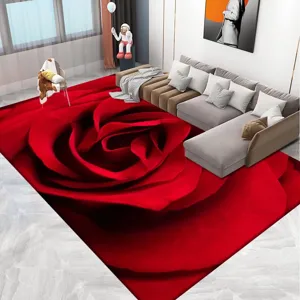 Vista detallada de la alfombra 3D de rosa roja, mostrando su textura floral viva.
