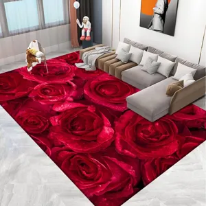 Alfombra 3D De Rosas Rojas Salon Gran Felpudo Antideslizante Decoracion Hogar Moderna