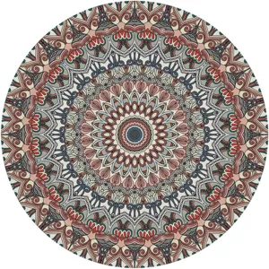 Vue détaillée de tapis rond style bohème avec motif mandala rétro, texture douce et élégante.
