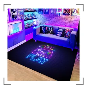 Gaming area rug with neon gamepad pattern, black carpet for game room and living room decor