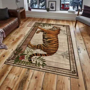 Large living room area rug with tiger print and vintage border design for bedroom and home decor.