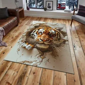 Detailed view of 3D tiger pattern carpet in living room scene, soft texture and anti-slip backing.