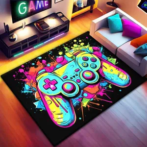 Cyberpunk Gaming Controller Teppich Detail, bunte Farben und weicher Stoff fuer Gaming Zimmer.
